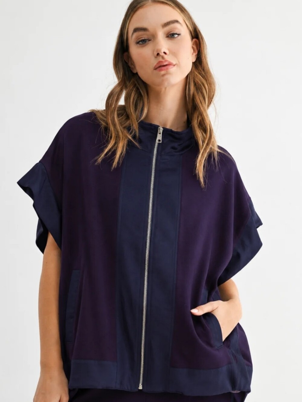 Joh Apparel L Navy Blue Full Zip Poncho Jacket Knit Oversized MSRP $168